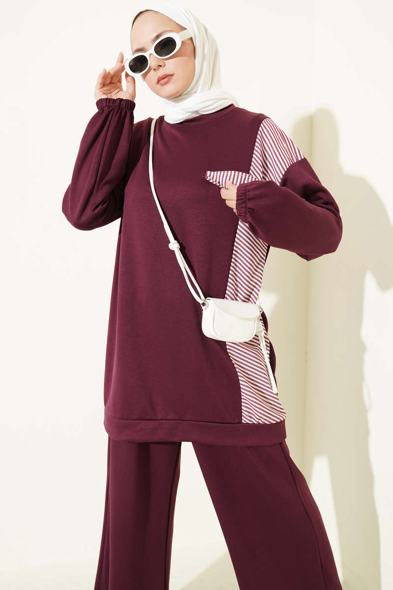 Striped French Terry Faux Pocket Two-Piece Set Plum - immagine 2