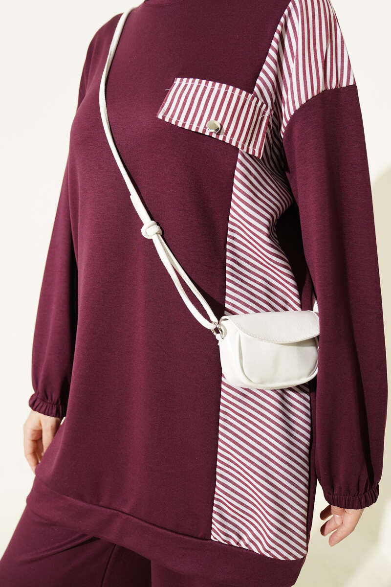 Striped French Terry Faux Pocket Two-Piece Set Plum - immagine 4