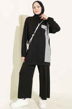 Striped French Terry Faux Pocket Two-Piece Set Black