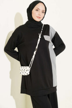 Alternative view of Striped French Terry Faux Pocket Two-Piece Set Black