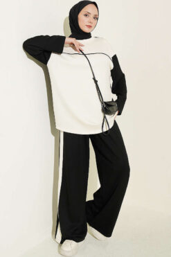 Striped Crew Neck Two-Piece Set with Contrast Details Black