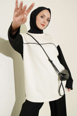 Alternative view of Striped Crew Neck Two-Piece Set with Contrast Details Black