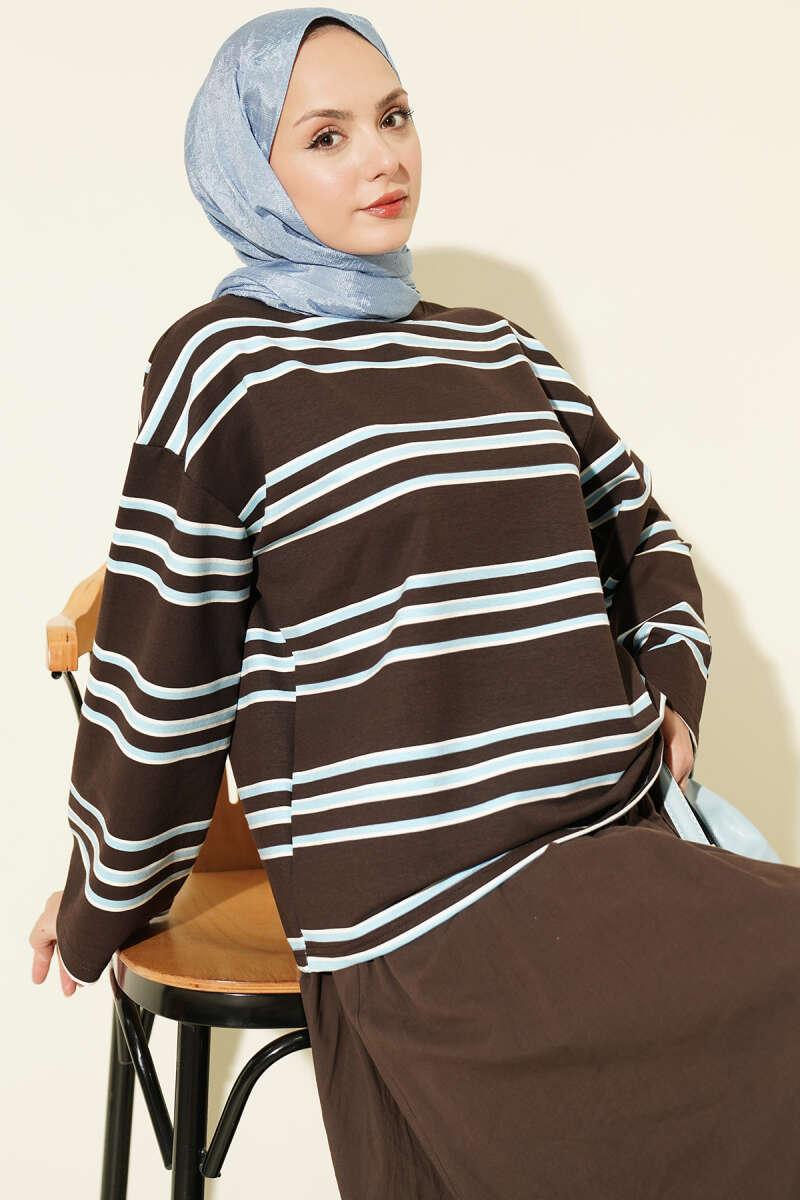 Striped French Terry Two-Thread Knit Tunic Brown