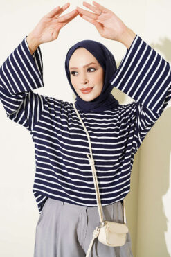 Striped Tunic with Arm Patches Navy Blue