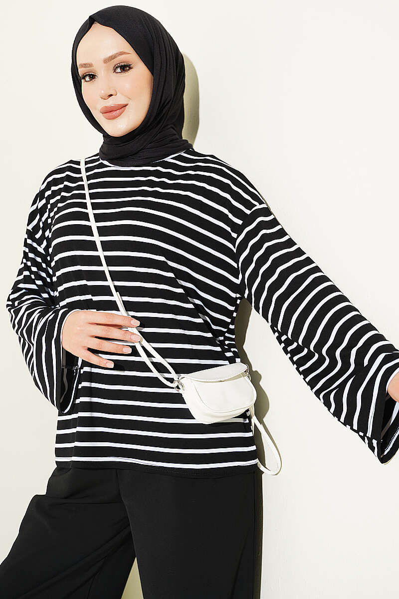 Striped Tunic with Arm Patches Black