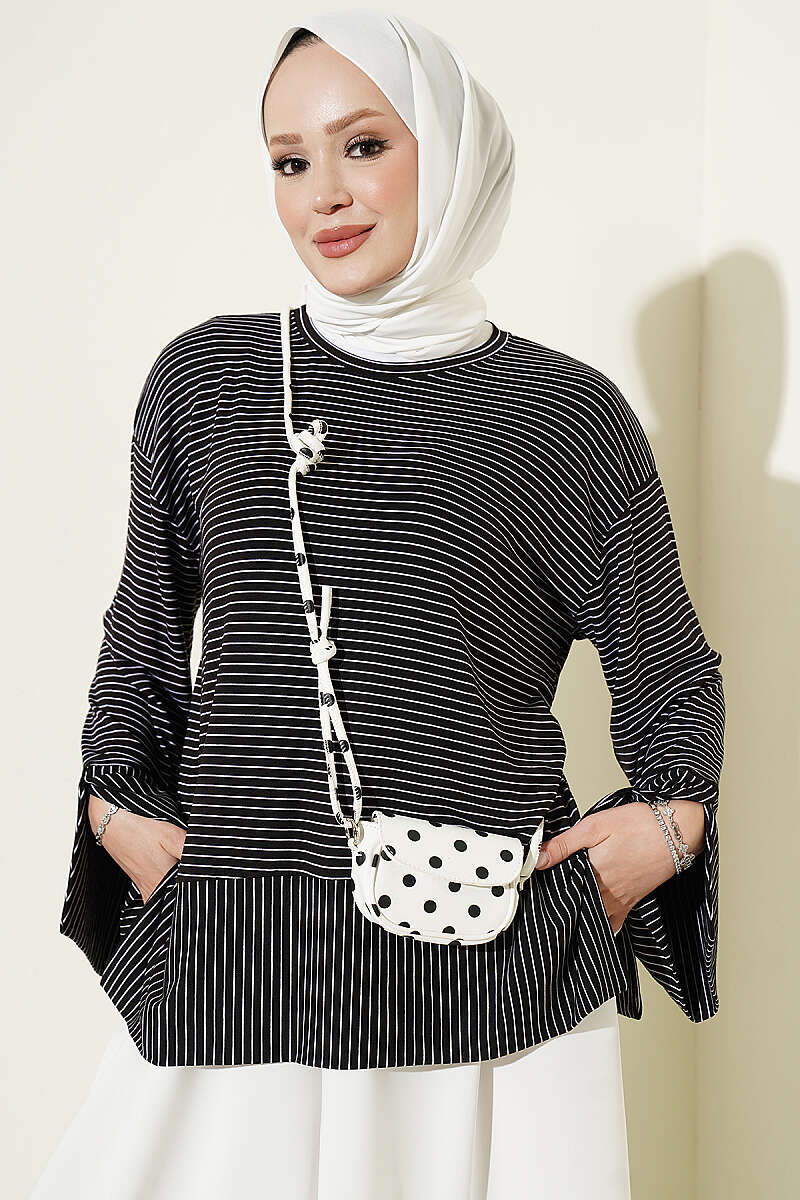 Striped Sleeved Tunic with Side Slit Black