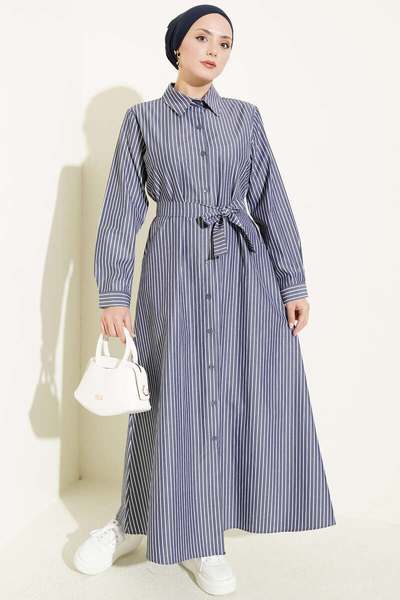 Striped Belted Button Dress Smoke