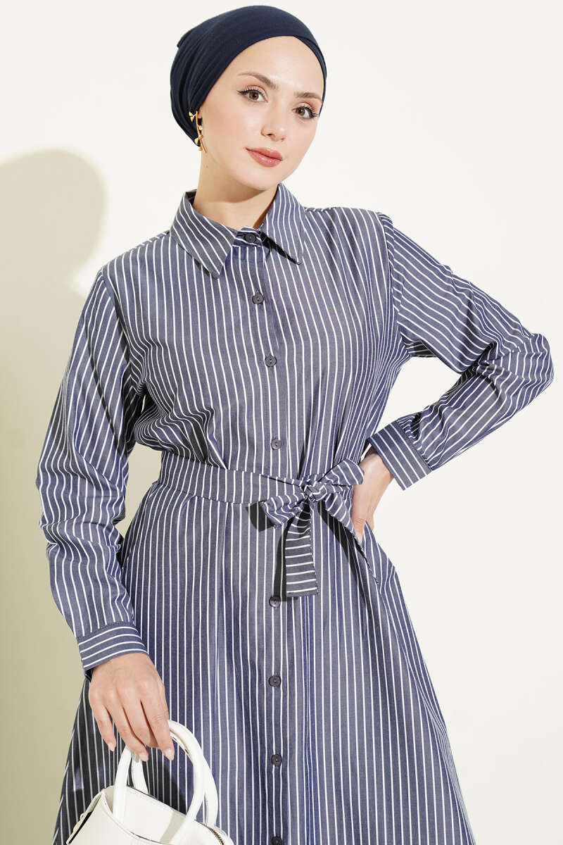 Striped Belted Button Dress Smoke - Image 2