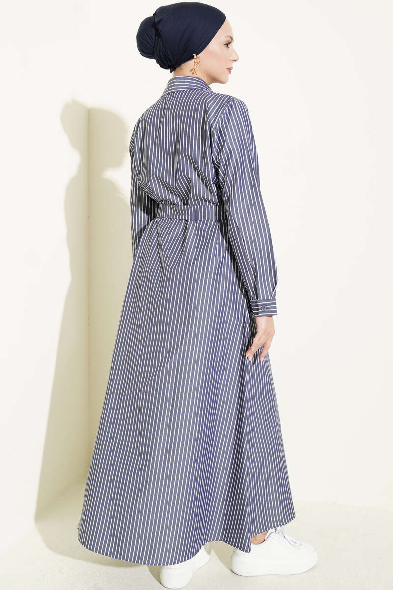 Striped Belted Button Dress Smoke - Image 3