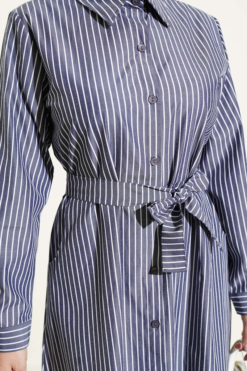 Striped Belted Button Dress Smoke - Image 4
