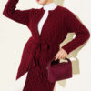 Textured Knit Cardigan with Drop Stitch Detail Burgundy