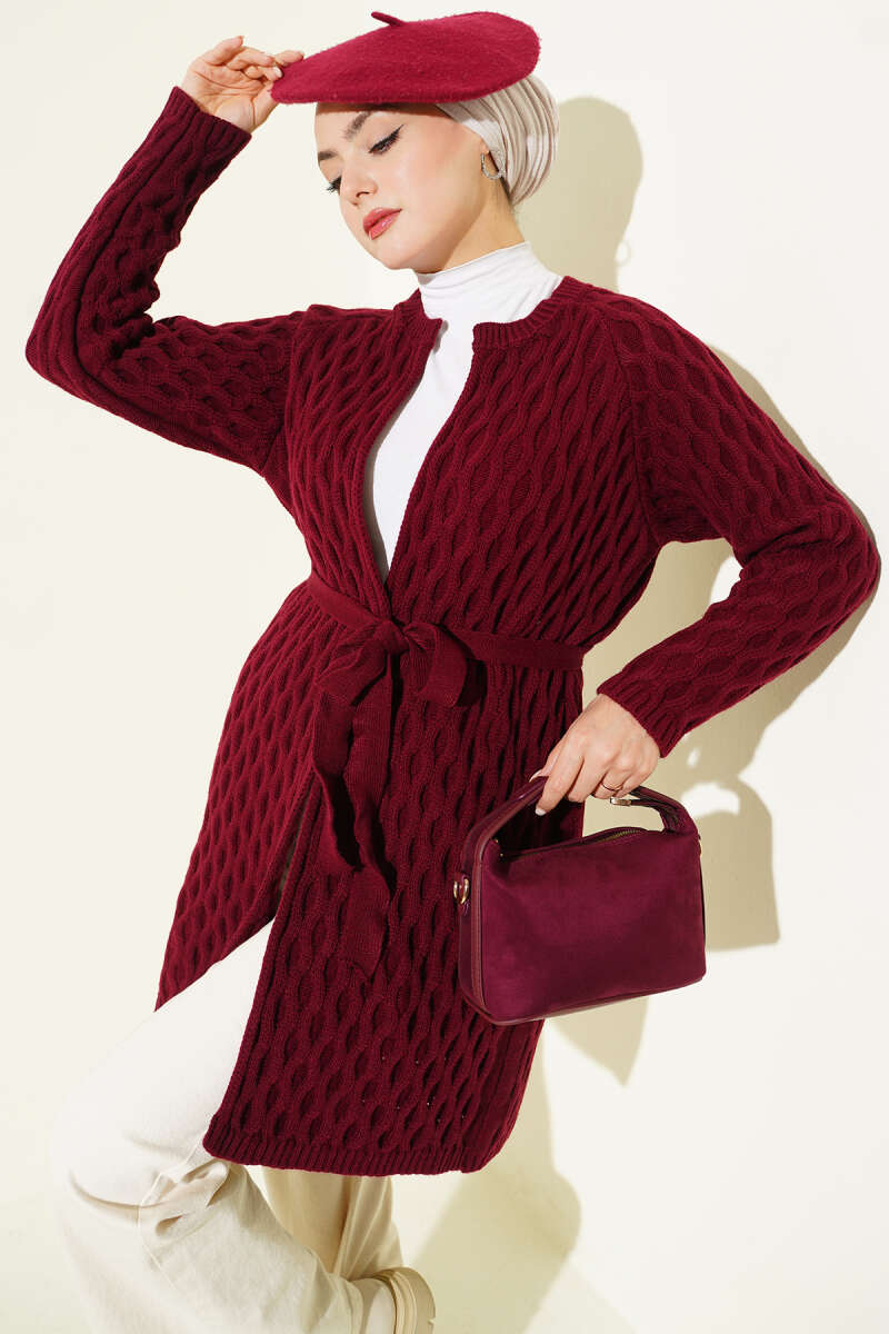 Textured Knit Cardigan with Drop Stitch Detail Burgundy