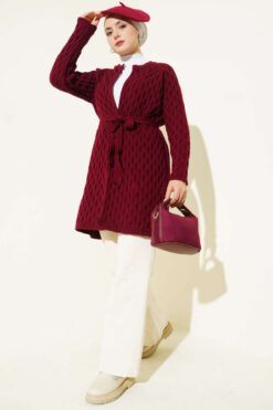 Alternative view of Textured Knit Cardigan with Drop Stitch Detail Burgundy