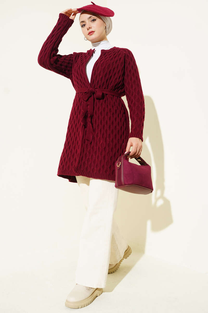 Textured Knit Cardigan with Drop Stitch Detail Burgundy - الصورة 2