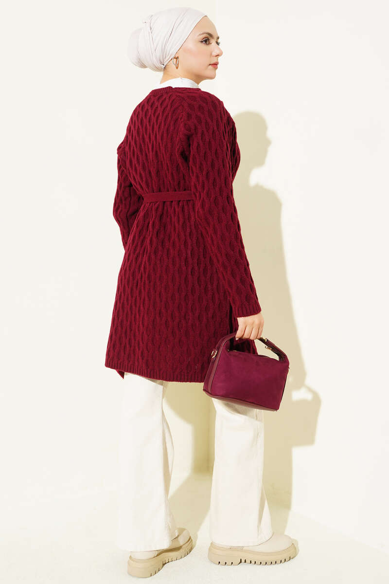 Textured Knit Cardigan with Drop Stitch Detail Burgundy - الصورة 3