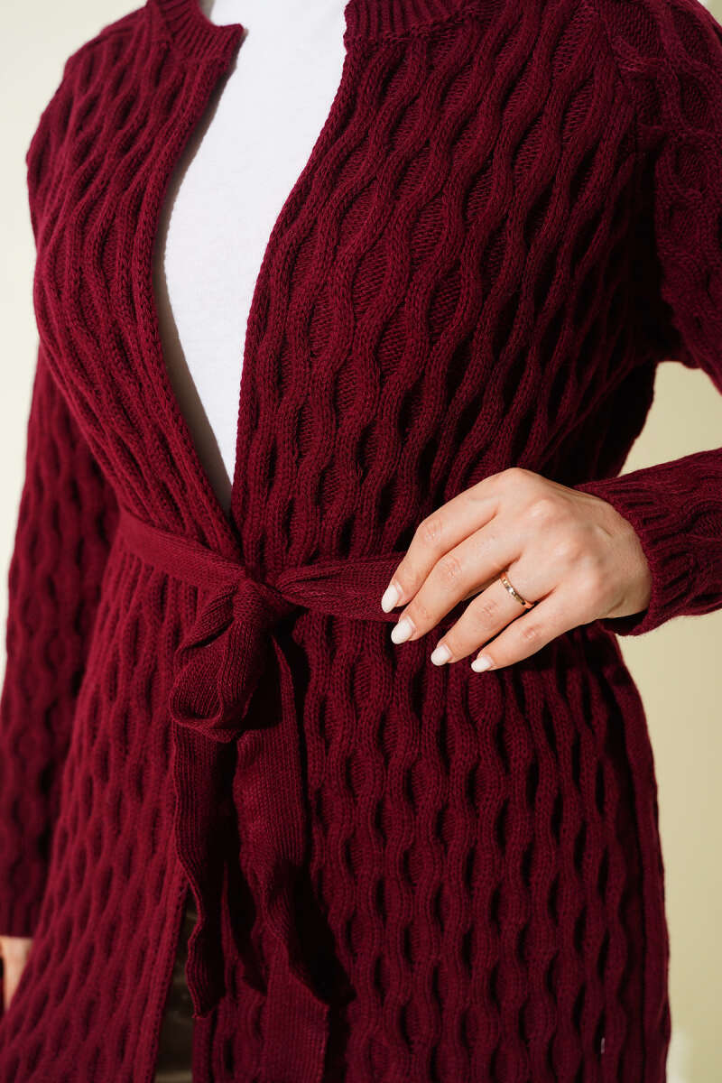 Textured Knit Cardigan with Drop Stitch Detail Burgundy - الصورة 4