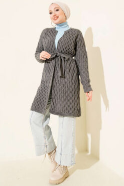 Alternative view of Textured Knit Cardigan with Drop Stitch Detail Smoke