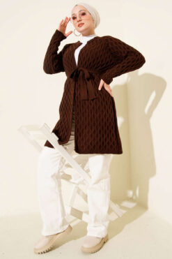 Alternative view of Textured Knit Cardigan with Drop Stitch Detail Brown