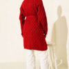 Textured Knit Cardigan with Drop Stitch Detail Red – Image 3