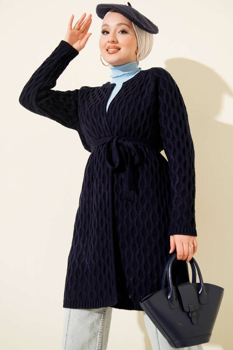 Textured Knit Cardigan with Drop Stitch Detail Navy Blue