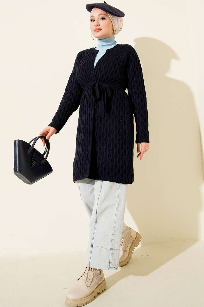 Textured Knit Cardigan with Drop Stitch Detail Navy Blue – Image 2