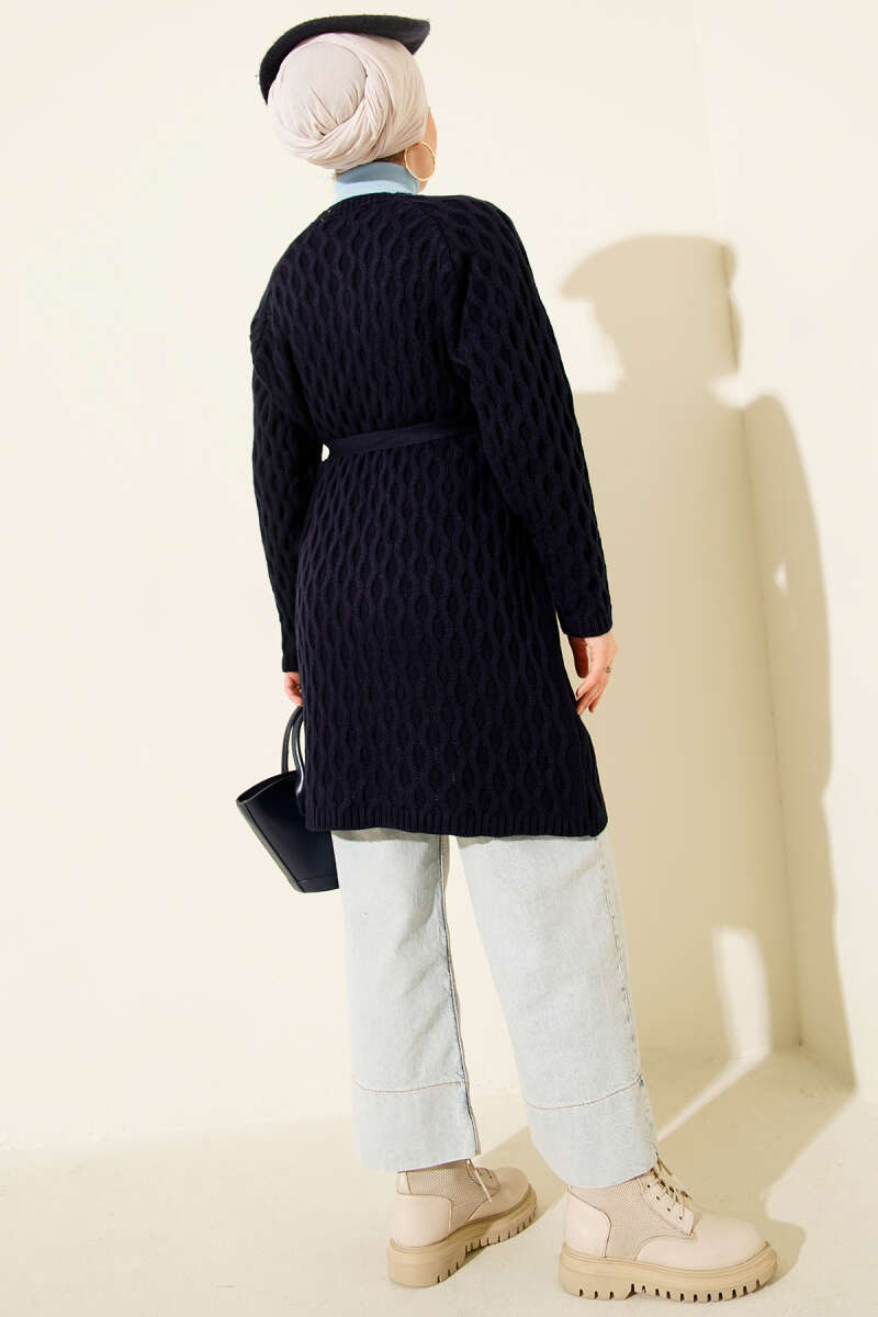 Textured Knit Cardigan with Drop Stitch Detail Navy Blue – Image 3