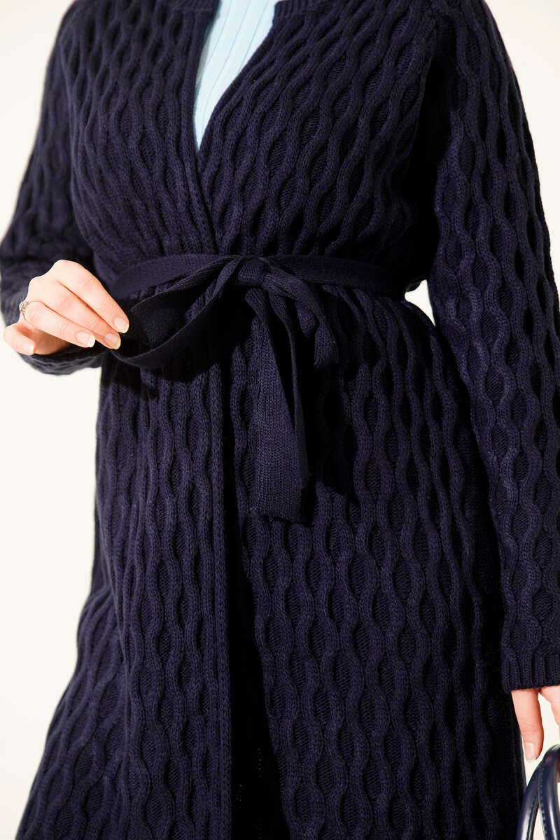 Textured Knit Cardigan with Drop Stitch Detail Navy Blue – Image 4