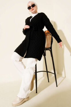 Alternative view of Textured Knit Cardigan with Drop Stitch Detail Black