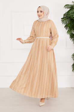 Laced Detail Belted Modest Dress Mink