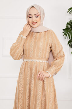 Alternative view of Laced Detail Belted Modest Dress Mink