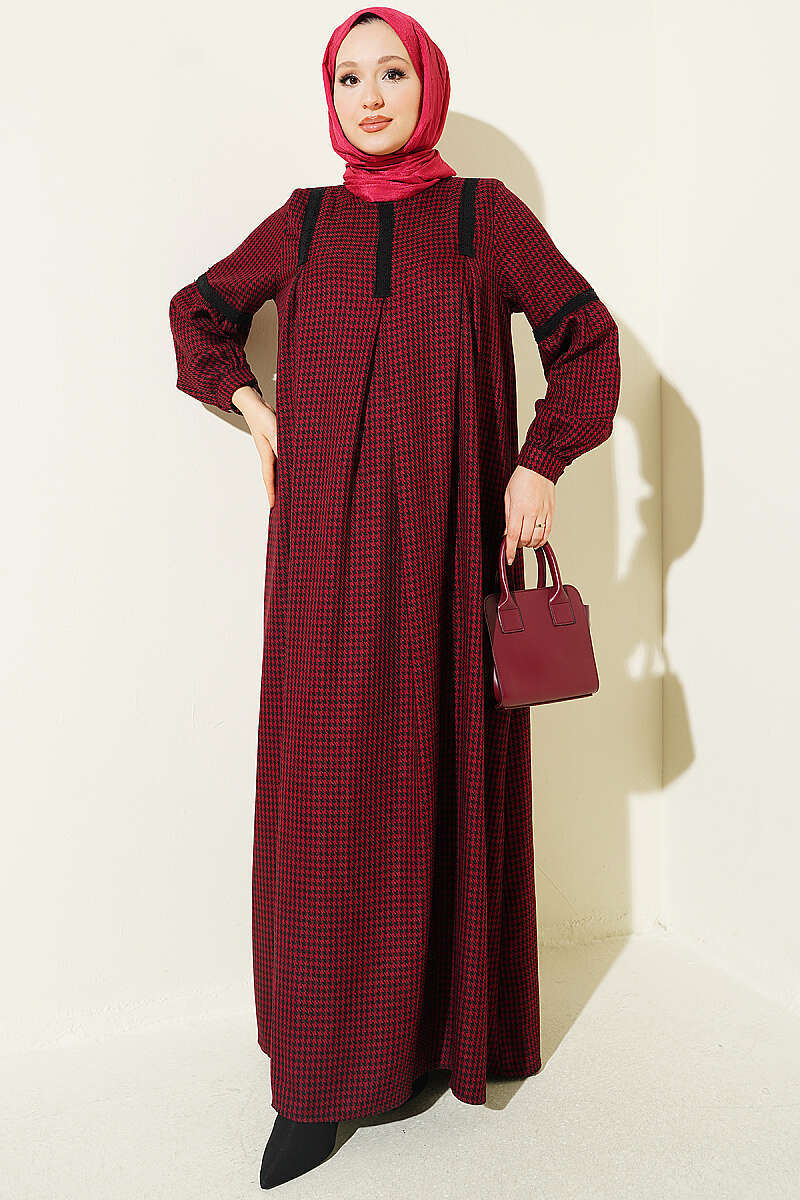 Lace-Trimmed Houndstooth Dress Burgundy