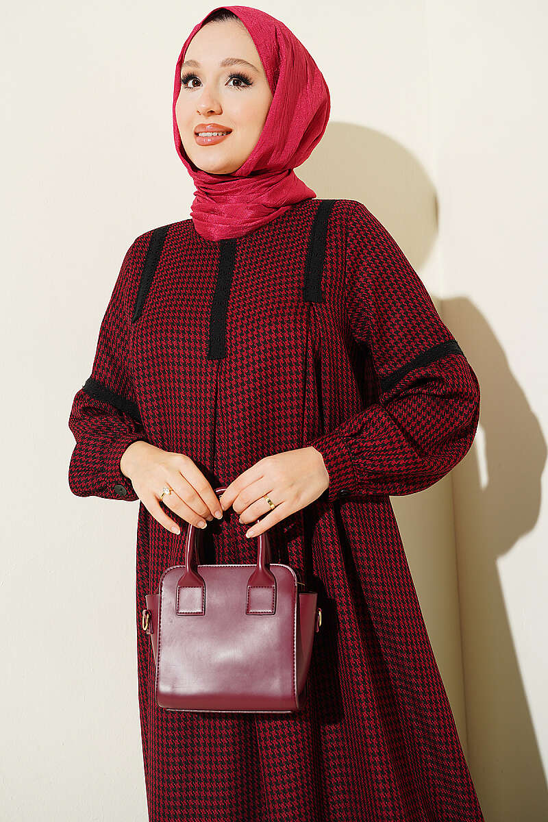 Lace-Trimmed Houndstooth Dress Burgundy - الصورة 2