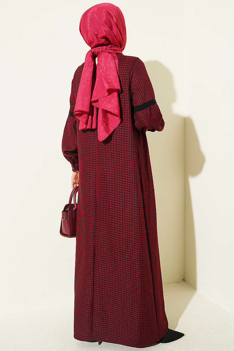 Lace-Trimmed Houndstooth Dress Burgundy - الصورة 3
