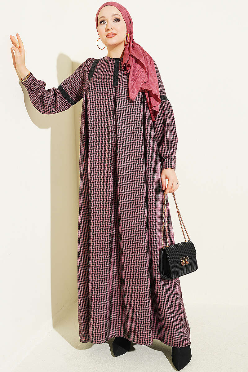 Lace-Trimmed Houndstooth Dress Rose Dust