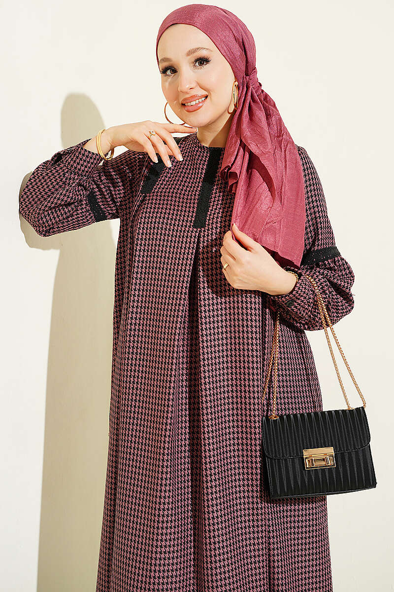 Lace-Trimmed Houndstooth Dress Rose Dust - immagine 2