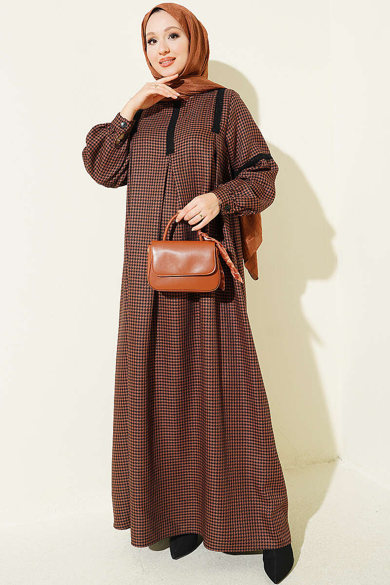 Lace-Trimmed Houndstooth Dress Brown