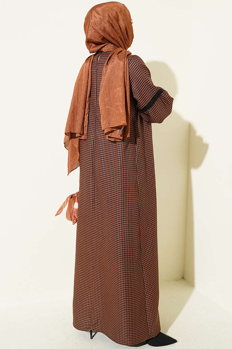 Lace-Trimmed Houndstooth Dress Brown – Bild 3