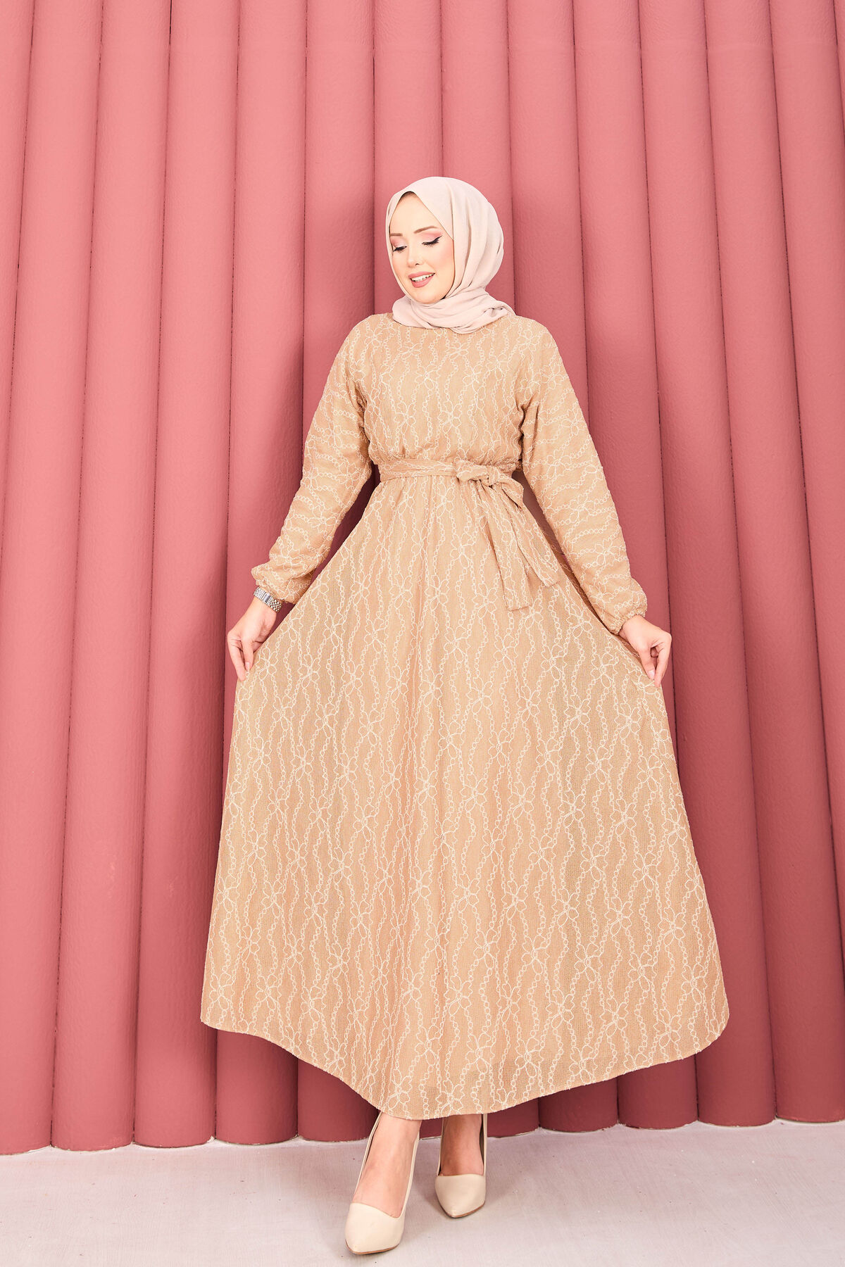 Textured Lace Wrap Dress with Removable Belt for Modest Wear Camel