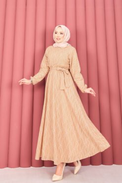 Alternative view of Textured Lace Wrap Dress with Removable Belt for Modest Wear Camel