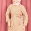 Textured Lace Wrap Dress with Removable Belt for Modest Wear Camel - الصورة 3