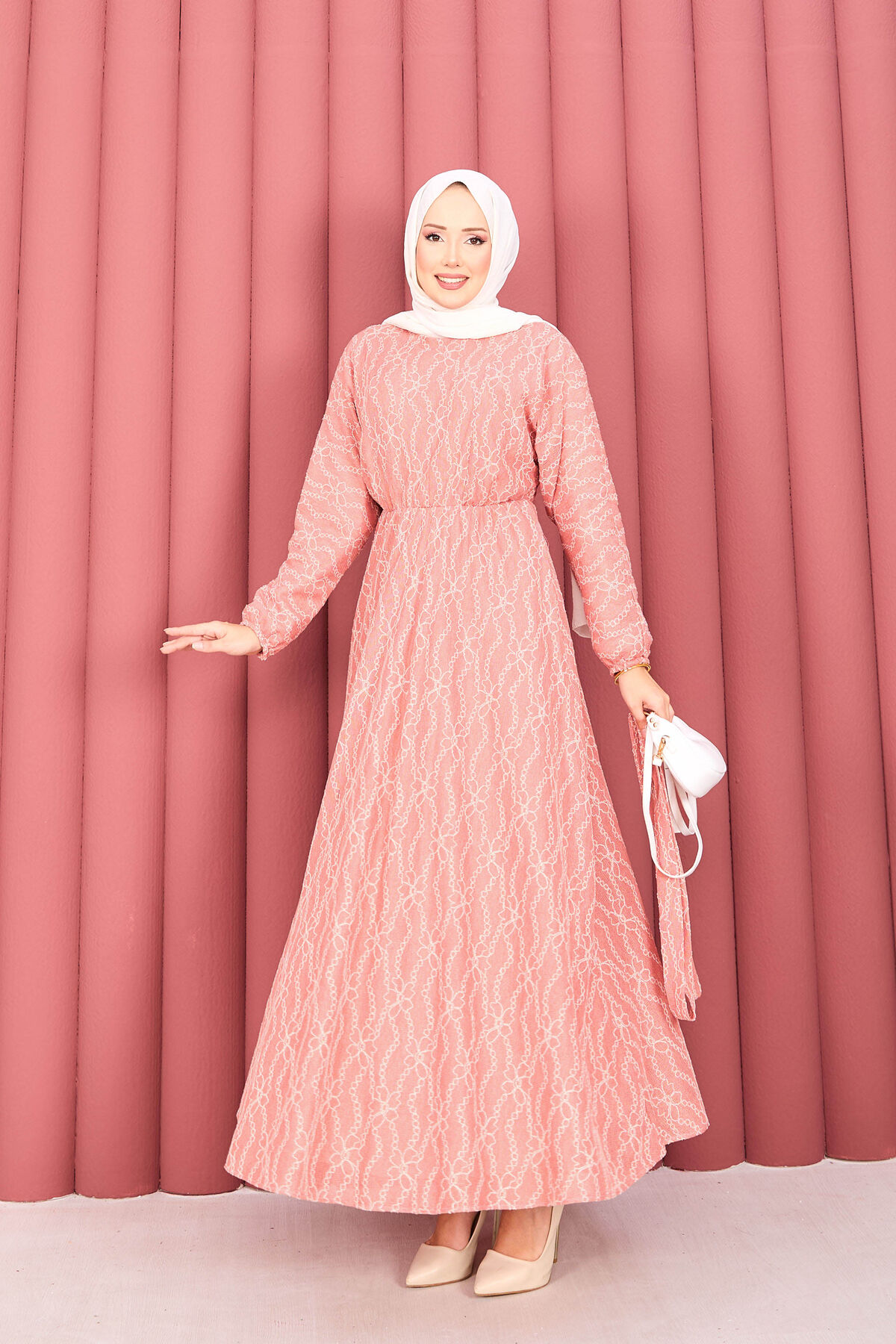 Textured Lace Wrap Dress with Removable Belt for Modest Wear Powder Pink - الصورة 3