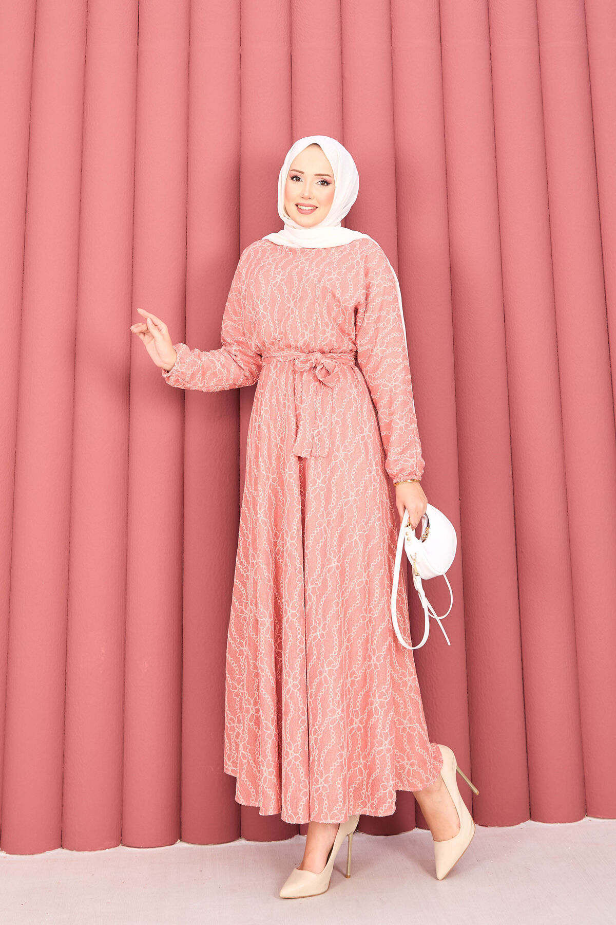 Textured Lace Wrap Dress with Removable Belt for Modest Wear Powder Pink - الصورة 6
