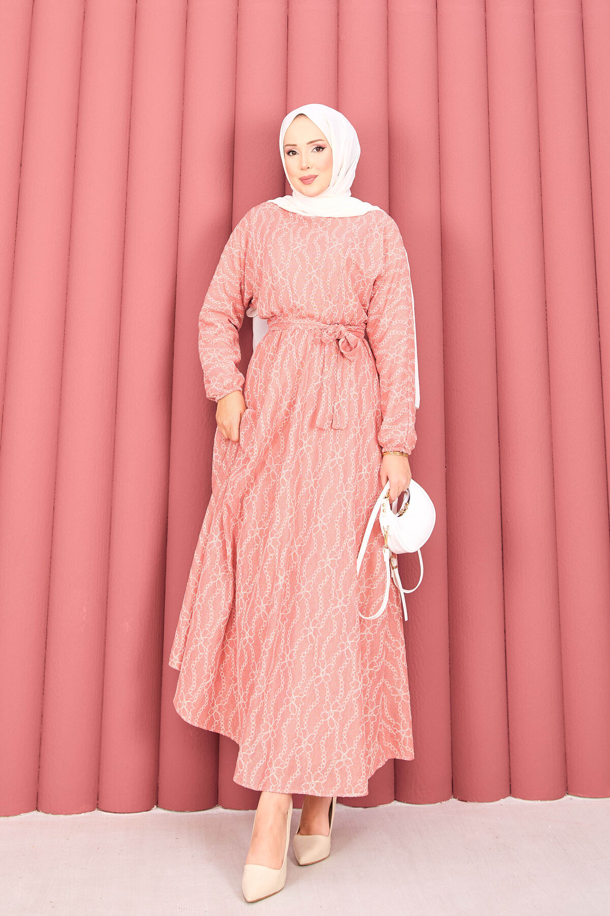 Textured Lace Wrap Dress with Removable Belt for Modest Wear Powder Pink
