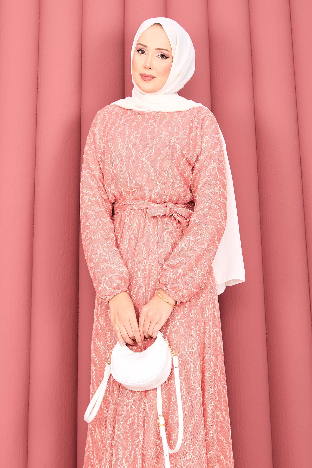 Textured Lace Wrap Dress with Removable Belt for Modest Wear Powder Pink - الصورة 7