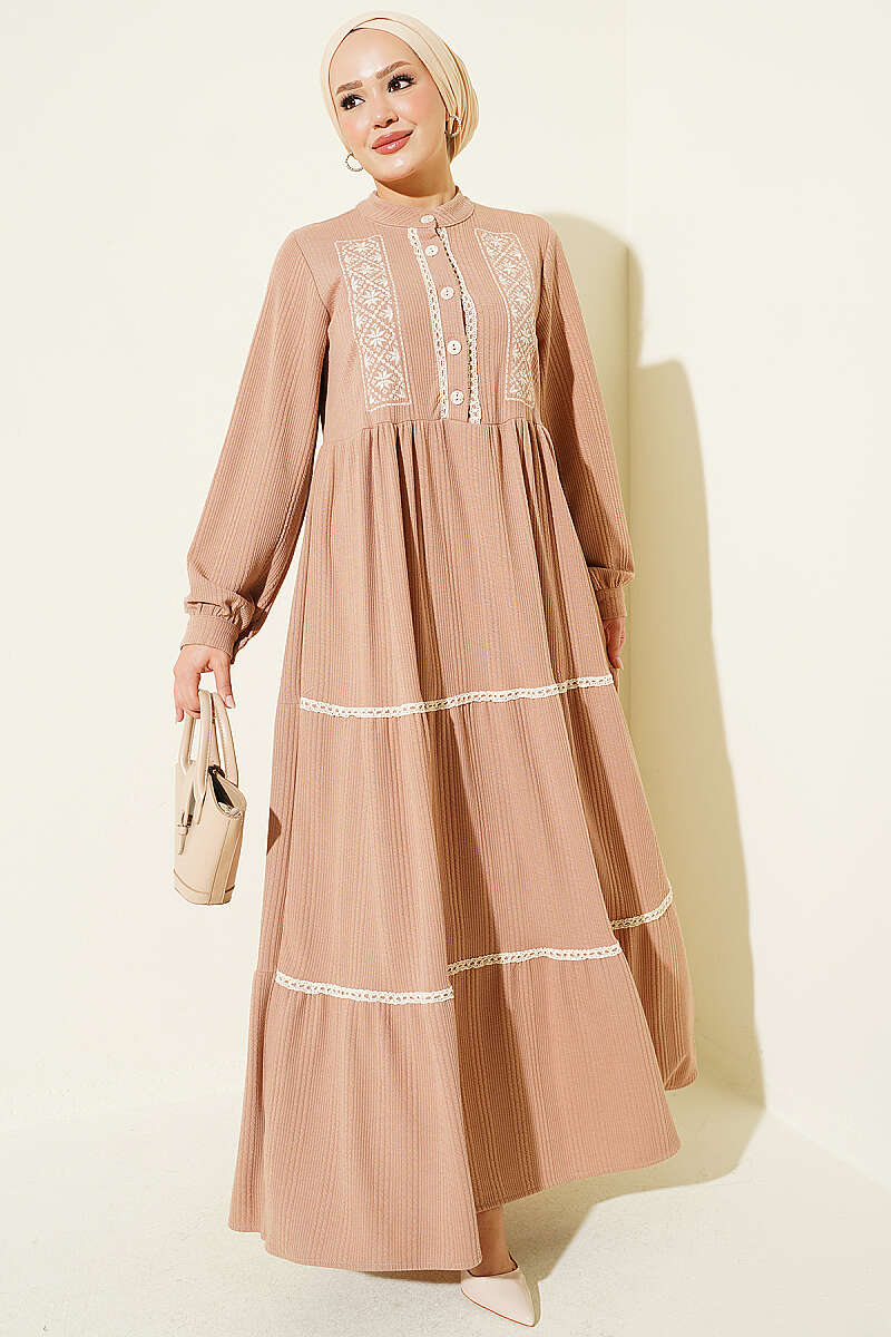 Lace Embroidered Knit Dress Latte