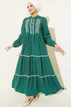 Lace Embroidered Knit Dress Green