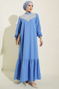 Lace-trimmed French terry wrist-elastic dress Blue