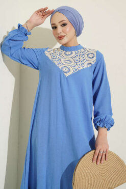 Alternative view of Lace-trimmed French terry wrist-elastic dress Blue