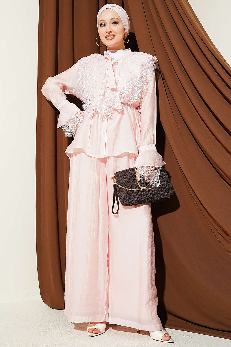Lace Embellished Loose Two-Piece Set Pink