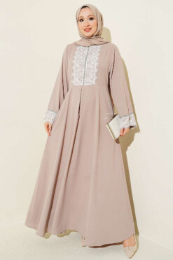 Lace Stone Detail Dress Beige